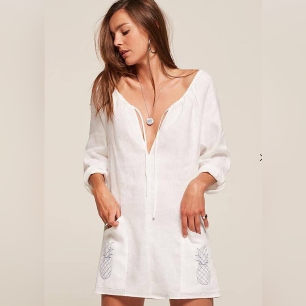 REFORMATION Martina Dress Linen Pineapple Pockets White